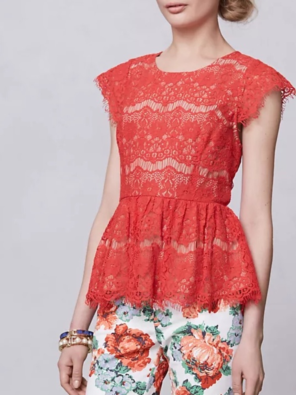327. Anthropologie Maeve Red Lace Blouse Katrine Peplum Top